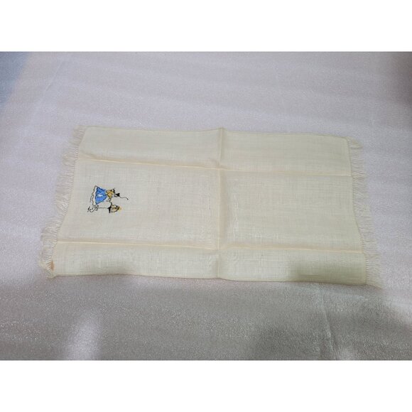 Vintage Linen Tea Towel Fingertip Fringe Embroidered Lady Sitting Bird Cage - Picture 2 of 6